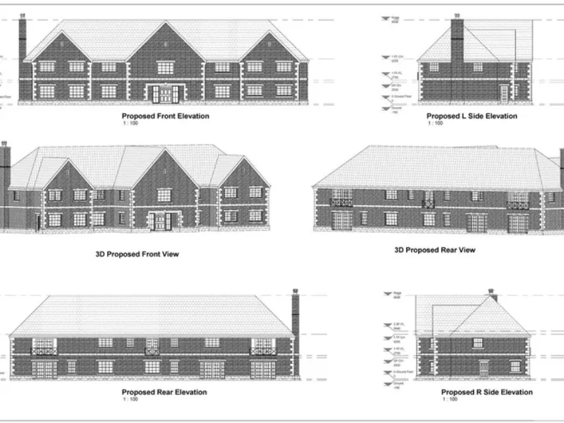 Architectural planning drawings and elevations for a residential development