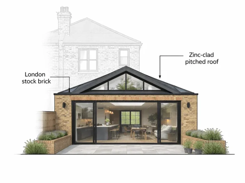 Planning drawing and 3D visualisation of a proposed house extension