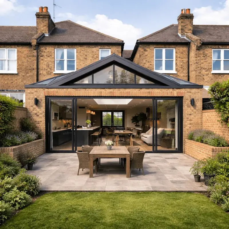 Completed rear house extension with glazed gable and sliding doors