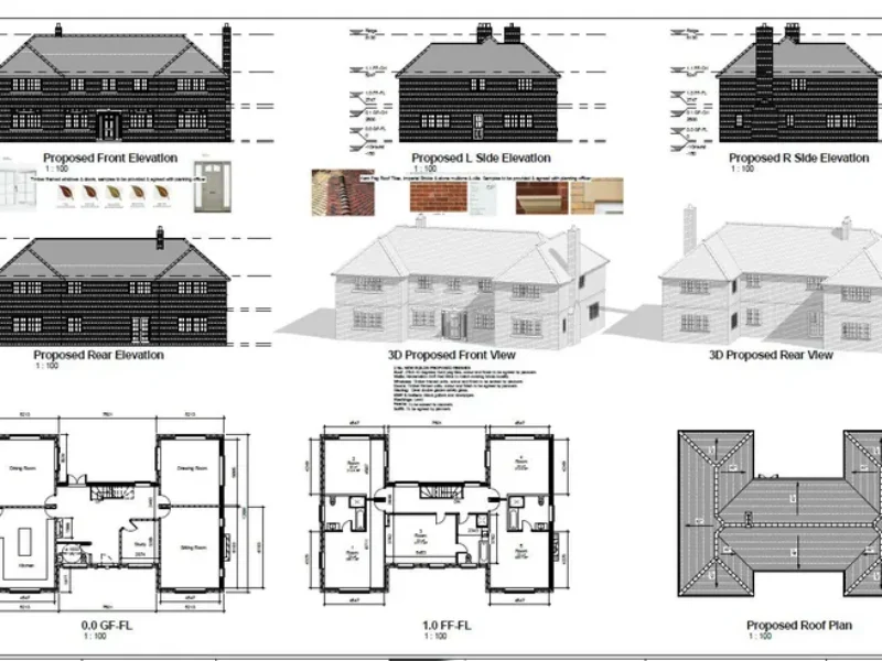 Planning drawings, floor plans and 3D views for a residential development