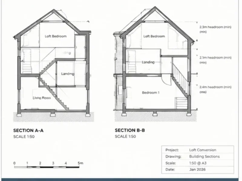 Building sections showing headroom and stair arrangements