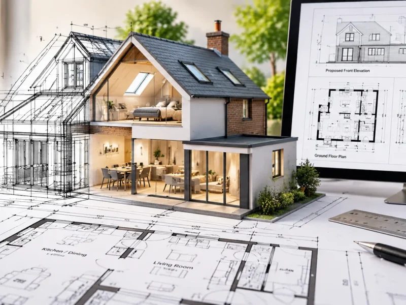Planning permission drawings and 3D architectural plans for a house extension